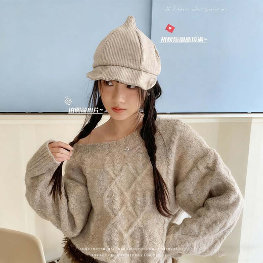 Mulberry striped duck tongue pacifier beret women's spring and autumn big face small newsboy hat retro big head painter's hat gray one size