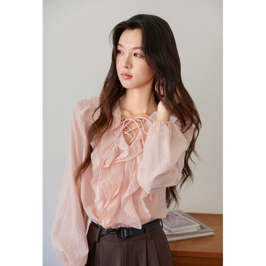 Mystery Show pink fungus ruffled shirt 2025 autumn new V-neck tie design lantern sleeve sweet top pink top M