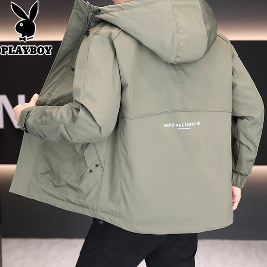 Playboy (PLAYBOY) high-end hooded jacket men's trendy, handsome and versatile cotton-padded jacket work jacket men's simple cotton jacket 7932 green cotton thickened XL (recommended 120-140Jin Jin equals 0.5 kg)