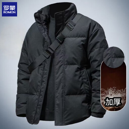 ROMON winter new fashion brand high-end thickened warm cotton jacket men's casual versatile stand-up collar windproof short cotton jacket black 3XL