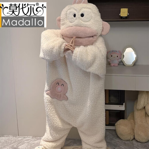 Modal Ugly Fish Big Mouth Fish One-piece Coral Velvet Pajamas for Women Autumn and Winter Funny Thickened Warm Large Size Plush Home Clothes Little White Fish Shoes L Size Recommended Height 163-170cm