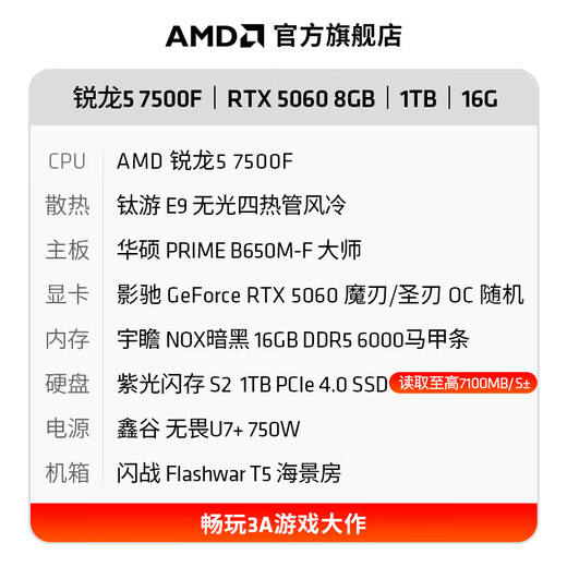 AMD Ryzen R5 7500F/RTX5060Ti/RX9060XT assembly computer host Black Myth Wukong e-sports game computer host desktop complete machine diy assembly machine Configuration 2 R5 7500F+RTX5060 8G