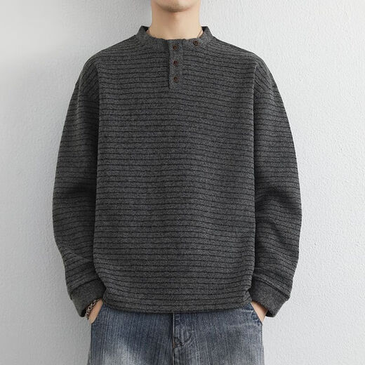 Yuandi Chaoshan Sweater Men's Henry Collar Striped Sweater Men's Autumn and Winter Long-Sleeved Bottoming Warm Wool Sweater with Wool Inside Dark Gray Gray Anti-pilling L 120-140Jin Jin is equal to 0.5 kg