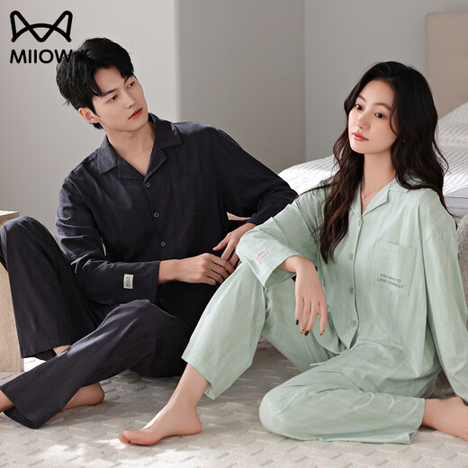 MiiOW new pajamas for women in autumn and winter pure cotton long-sleeved trousers cardigan lapel suit couple large size home wear can be worn outside A35969 female A35970 male M female