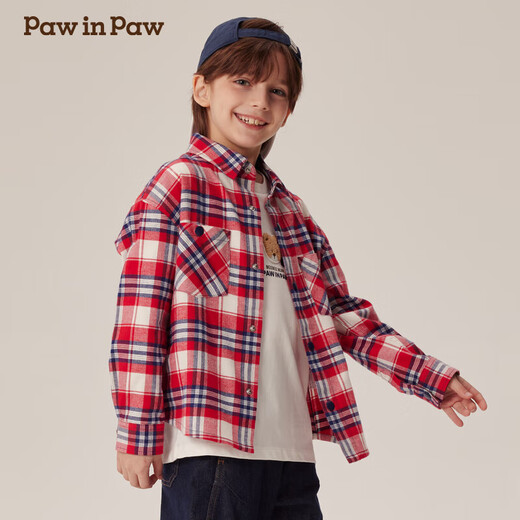 PawinPawD11 Moon Black PawinPaw Cartoon Bear Children's Clothing Autumn and Winter Boys Classic Plaid All-Match Boys Shirt Red/20 110 cm