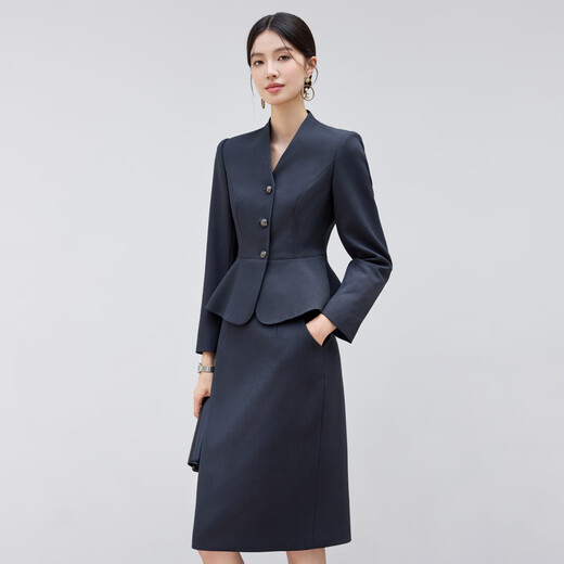 黛维亚2025新青灰色西装套裙女秋气质显瘦酒店前台接待工服珠宝店职业装 藏青色西服+半裙 XL