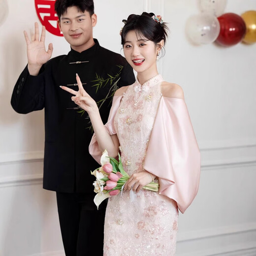 Grosfairy pink high-end toast dress cheongsam for women 2025 new new Chinese style engagement dress bride wedding dressing gown for women red S