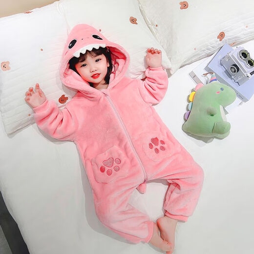 Baby coral velvet pajamas autumn and winter one-piece baby children's dinosaur clothes winter thickened girls' flannel sleeping bag gray 012 style 110