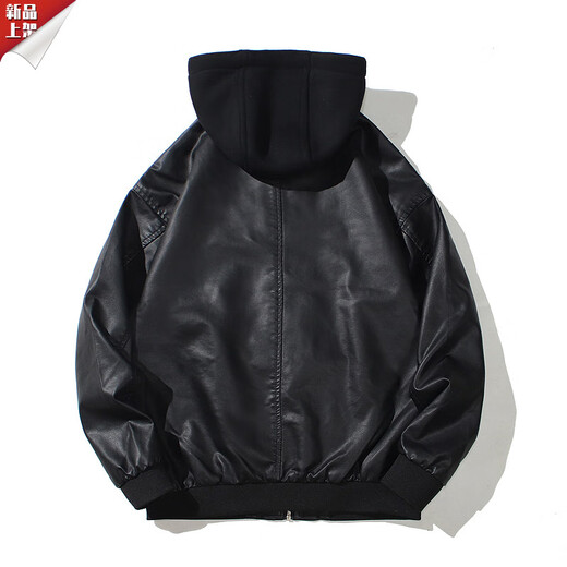HKWZ Men's Hooded PU Leather Jacket Motorcycle Hooded Men's Youth Leather Jacket Cotton Spring Autumn Thickened Jacket Leather Jacket Cotton Style Black 2XL