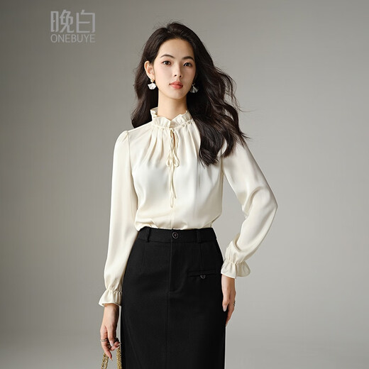 Late White New Product 2025 Autumn Solid Color Temperament Fashion Top Lace Stand Collar Skin Friendly Versatile Shirt for Women Beige XL