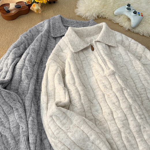 Lovren LOFVRANG American retro old money style twist Henry collar sweater for men in winter loose pullover couple layered cable knit sweater light gray L