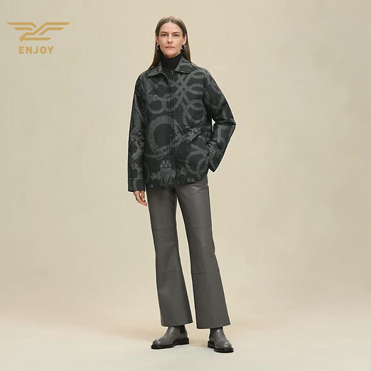 HERMES Women's New Winter Jacket Canvas Double-sided Printed Shirt-style Down Jacket Fashionable and Warm Gray 34