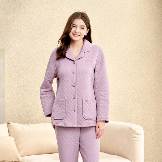 American Standard Winter Couple Pajamas for Men and Women Pure Cotton Three-Layer Thickened Padded Warm Home Clothes Misty Purple L