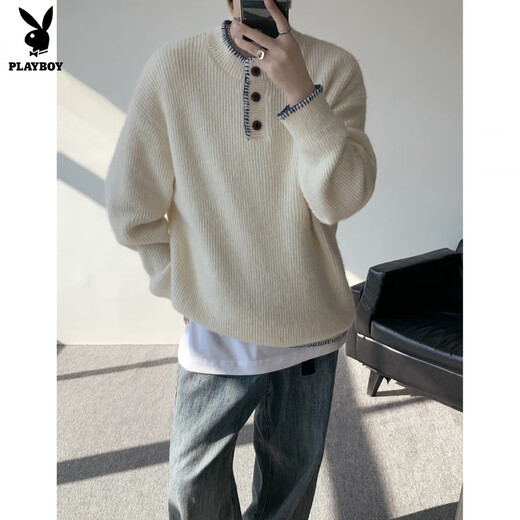 Playboy niche design Henry collar sweater for women and men, autumn and winter retro atmosphere loose pullover sweater for couple, off-white M