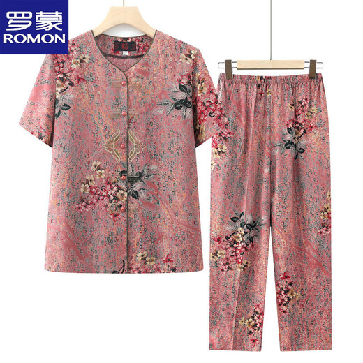 罗蒙（ROMON）中老年女装套装女奶奶纯棉绸短袖衬衫老太太宽松妈妈装绵绸两件套 FQj5lXW687 粉色【套装】 XL  【建议80-100斤】