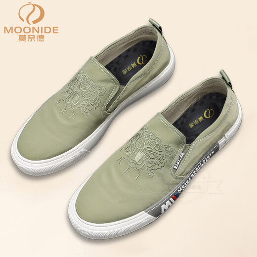莫奈德奢侈高端品牌帆布鞋男一脚蹬懒人鞋百搭透气布鞋乐福鞋子男潮鞋 白色 41