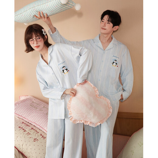 Gongdie Light and Soft Sweetheart Penguin Couple Pajamas Women's Spring and Autumn Long Sleeve Striped Men's Home Clothes Set