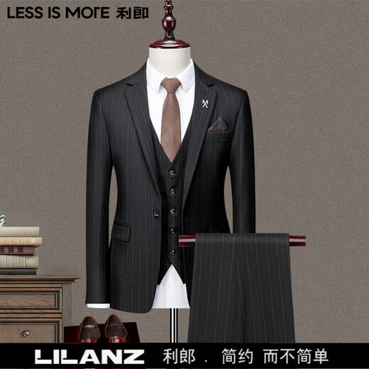 LESS IS MORE Lilang three-piece suit suit men's striped business formal wear Korean style trendy slim and handsome groom wedding dress official flagship black counter genuine M