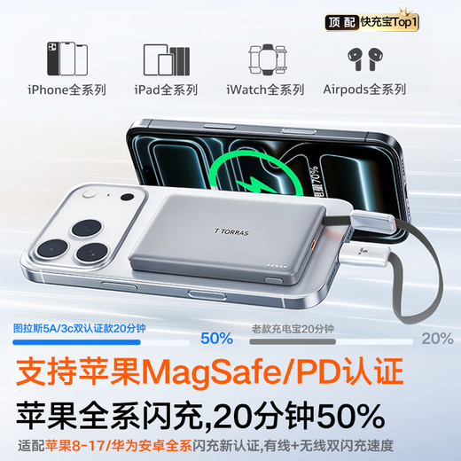 Tulas Magnetic Power Bank Ultra-thin 3C Certification丨Hot Selling 200W+ Comes with Wired Apple 17 Quick Charge iPhone 16 Wireless Charging Large Capacity Magsafe Can Go on Airplanes Deep Space Gray丨Wireless Magnetic Charging + Type-c Fast Charging Cable 3C/5A Dual Certification丨Wireless Flash Charging Top Version丨10000 mAh