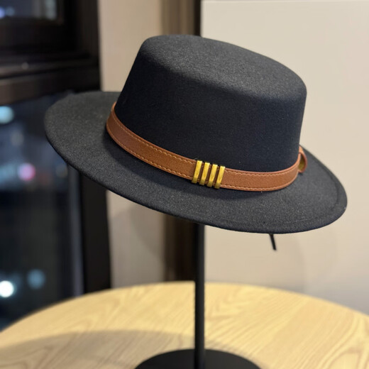 Woodpecker Hepburn style French belt decorated woolen flat top hat female British socialite retro all-match jazz hat khaki color adult 54-60 adjustable
