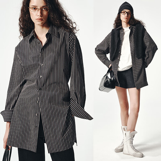 IN YASAKO metropolitan yarn-dyed striped large-size drawstring jacket-like shirt New York black and gray stripes (pre-10.12-10.19) S