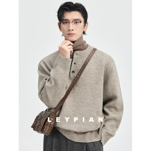 Leypian International Imported First-line Men's Autumn and Winter Henry Collar Design Sweatshirt Men's Solid Color Pullover Bottoming Shirt Twilight Gray M 170