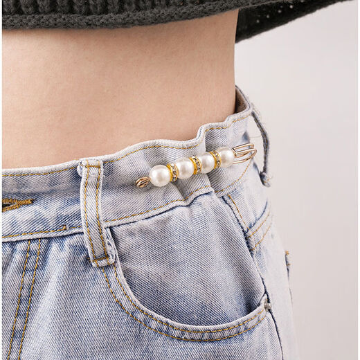 Shantou Lincun Taillennadel an der Hosentaille, kleine Nadel, Brosche, Clip-Einstellschnalle, Damennadel zum Befestigen von Kleidungszubehör, Anti-Expositions-Schnalle, zwei Perlen, 4 cm, kleine weiße