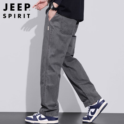 JEEP SPIRIT Jeep pure cotton casual pants men's autumn and winter loose straight pants men's workwear wide-leg pants gray L