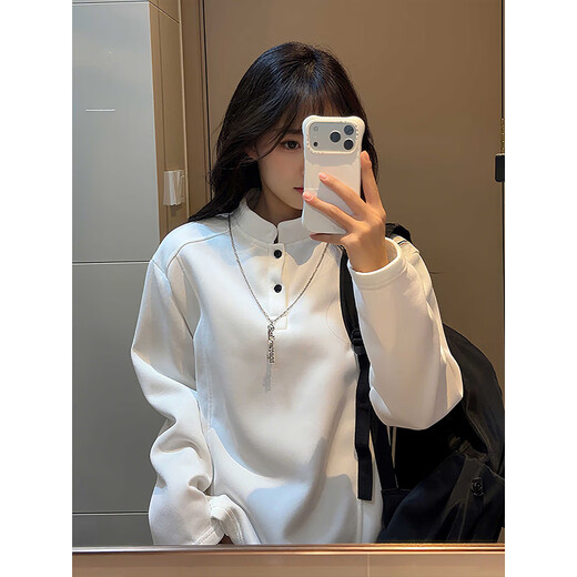 Rouard plus velvet right shoulder Henry collar POLO shirt deconstructed splicing sweatshirt for men winter American cleanfit inner layering shirt white gray plus velvet style XL