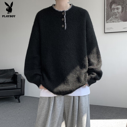 Playboy niche design Henry collar sweater for women and men, autumn and winter retro atmosphere loose pullover sweater for couple, off-white M