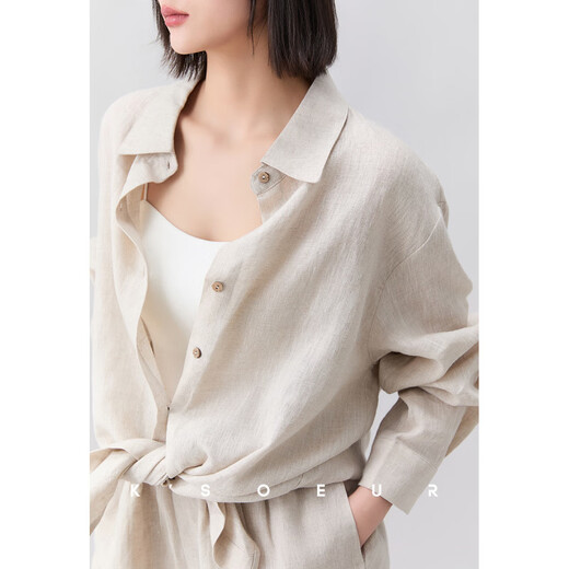 KSOEURK sister 100 linen light oxygen suit lapel single-breasted shirt + elastic waist shorts suit white-shirt S