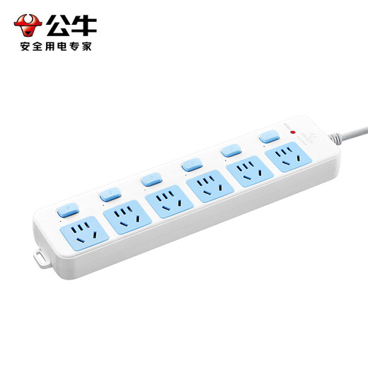 BULL sub-control socket, blue and white classic power strip, new national standard over-power protection, power strip with protection door, power strip, power strip, power strip, six-position sub-control 1.8 meters | over-power protection GN-317