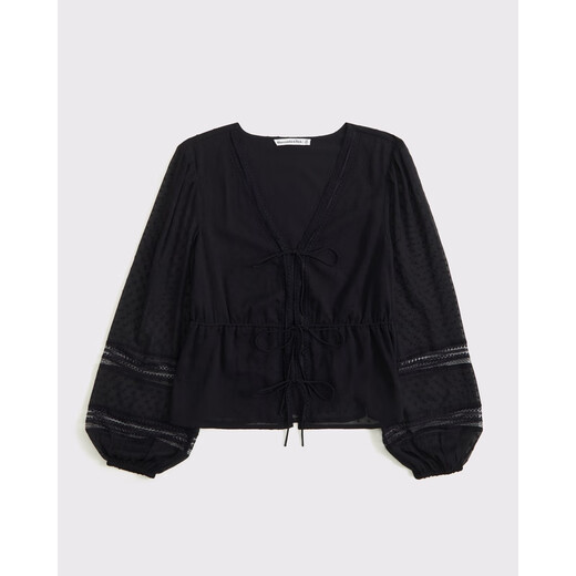 Abercrombie & Fitch Women's 25 New Autumn Style American Style Versatile Loose V-neck Tie Cardigan Long Sleeve Top 140-5315 Black S (165/88A)