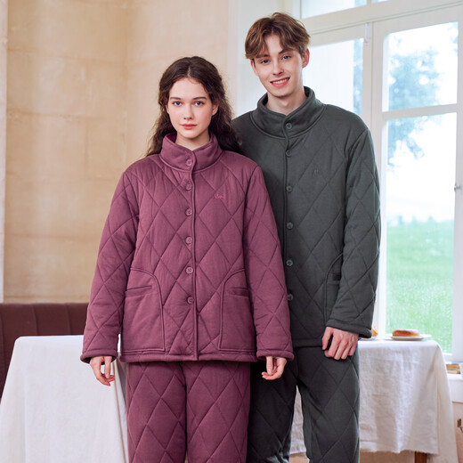 American Standard Three-layer Thickened Cotton Couple Pajamas Set Women's Autumn and Winter Full Cotton Can Be Weared Outside to Keep Warm New Year's Home Clothing for Men Dark Gray (Three-Layer Thickened Cotton) XL