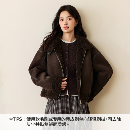 Eifini (eifini) Eifini fur integrated fashion splicing design brown suede jacket for women 2025 autumn new sandstone brown M 105-120Jin Jin is equal to 0.5 kg