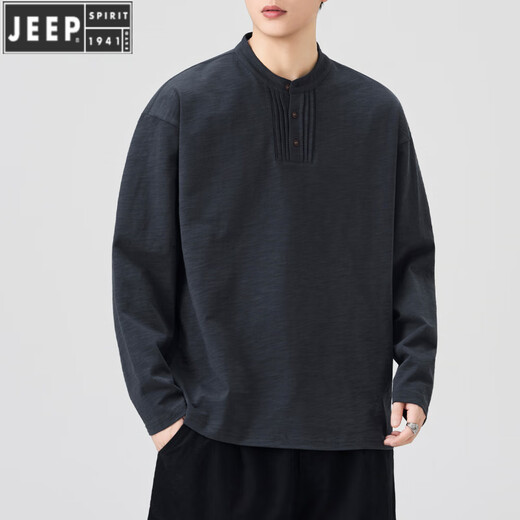 JEEP SPIRIT fashionable and versatile Henry collar skin-friendly cotton long-sleeved T-shirt men's spring and autumn new loose casual bottoming shirt sweatshirt jacket dark gray L