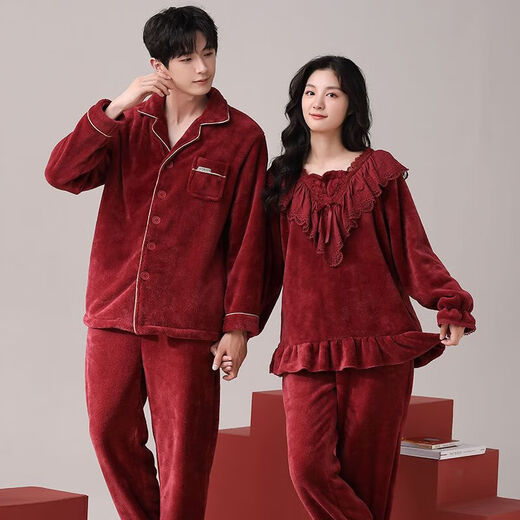 Victoria style wedding pajamas winter coral velvet couple red newlywed men and women plus velvet thickened home clothes can be worn outside the suit 9838 M women