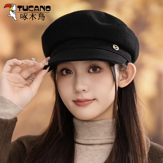 Woodpecker Coffee Colored Beret Women's Spring and Autumn 2025 New Leather Retro Versatile Face Showing Little British Style Newsboy Octagonal Hat Black One Size (56-58cm)