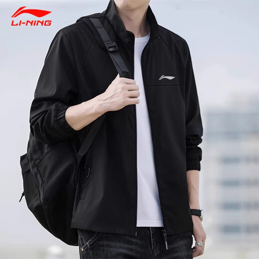Li Ning (LI-NING) Jacket Men's Spring and Autumn New Running Outdoor Sports Stand Collar Top Men's Loose Casual Autumn Jacket Men's Black Stand Collar Sports Jacket L /175 (125-145 Jin Jin equals 0.5 kg)