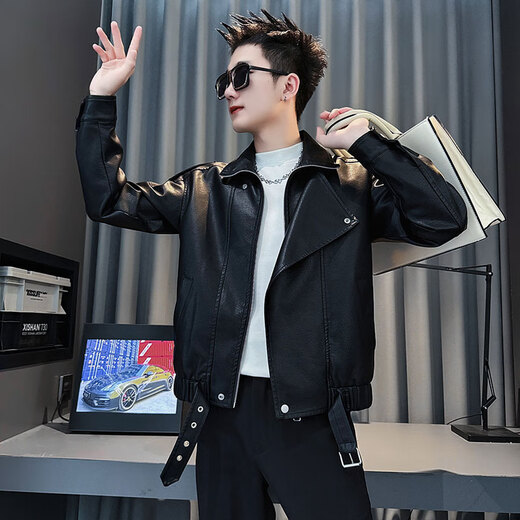 Jason leather jacket men's autumn and winter trendy brand short motorcycle men's tops 2025 new trend handsome leather jacket JK244 black M