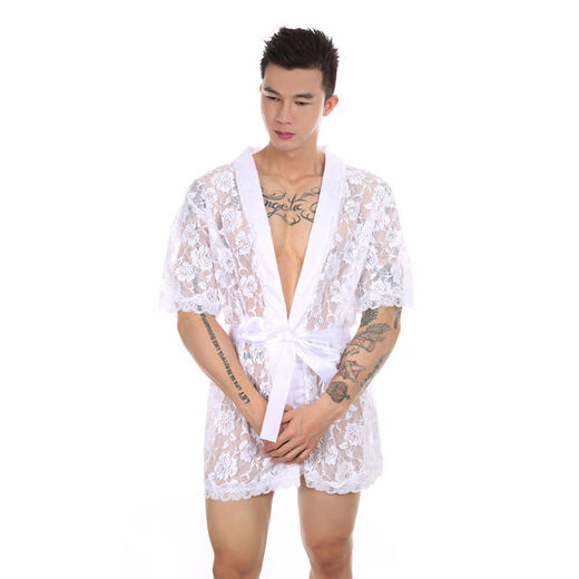 Jimujia Lace Floral Bathrobe Men's Sexy Transparent Mid-Length Pajamas Lace-up Bath Skirt Home Clothes Nightgown 1 piece black + 1 piece white + 2 pairs of thongs included 165-170M