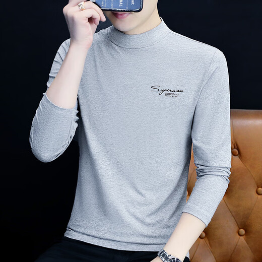 Septwolves pure cotton half-high collar long-sleeved T-shirt men's versatile printed autumn clothes with letters ins Korean style mid-collar slim T-shirt trendy carbon gray M