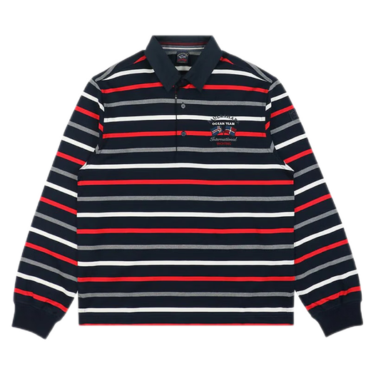 PAUL&SHARK (Paul Shark) men's long-sleeved POLO shirt, classic striped embroidered logo top, fashionable men's clothing, dark blue (red, white and gray stripes) I14P1072 374 M size, loose version