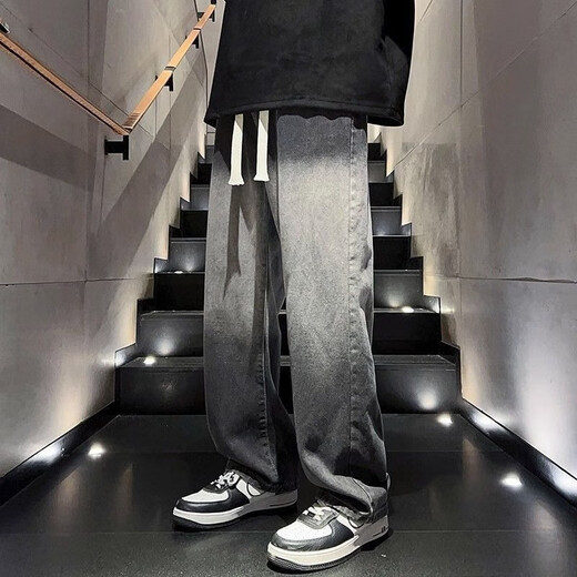 Woodpecker Jeans Men's Autumn and Winter Clothing New Loose Straight Casual Pants American Boys Workwear Wide Leg Pants Men Gradient Black XL Size (110Jin Jin is equal to 0.5kg -145Jin Jin is equal to 0.5kg)