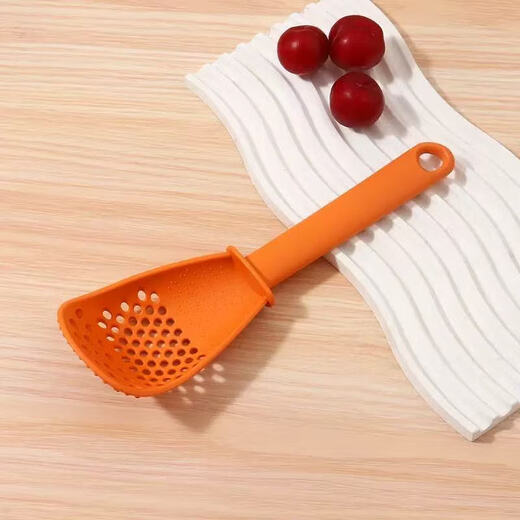 Multifunctional cooking spoon, home kitchen plastic draining spoon, baby food supplement tool, potato masher, colander, multifunctional cooking spoon, 1 orange