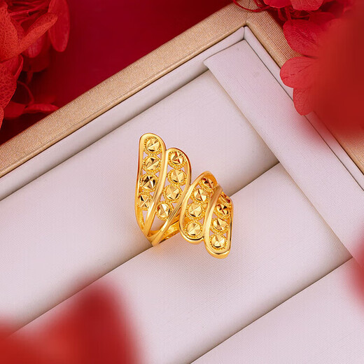 Keshan quality light luxury 999 Bengal red gold sand gold hollow women's flower big ring imitation gold color women's fashion personality diamond double leaf ring Lao Fengxiang quality