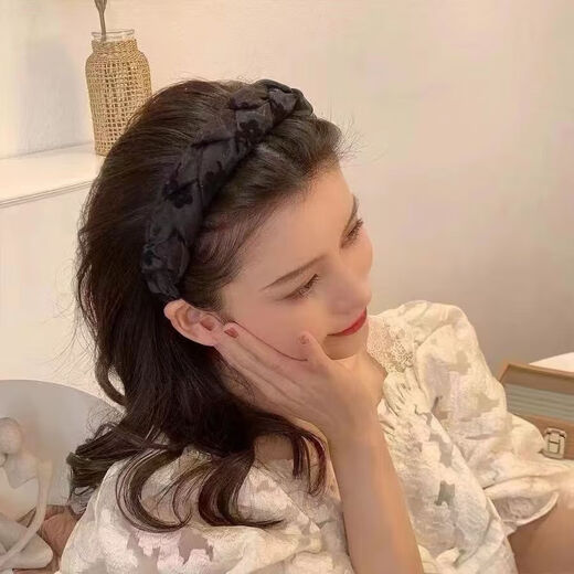 New style mesh headband Korean high-end hair accessories for women with teeth for washing face and pressing hair when going out, versatile temperament flower headband, flower-black