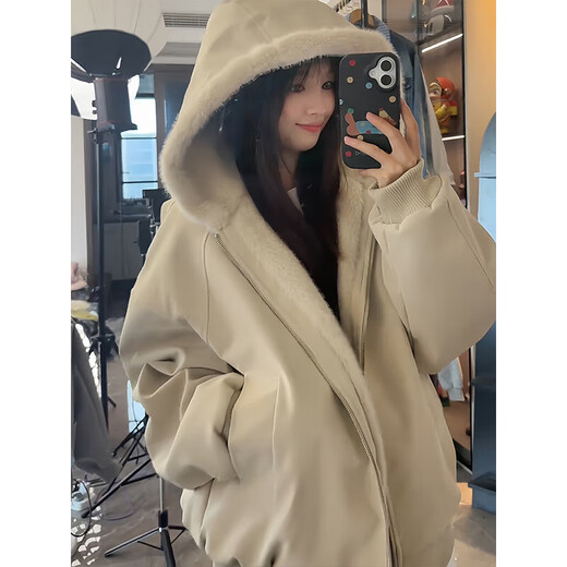 ZHUYIFAN hooded mountain carving leather jacket, men's and women's winter velvet thickened warm fur collar cotton jacket trendy brand apricot upgraded version L 110-130Jin Jin is equal to 0.5 kg