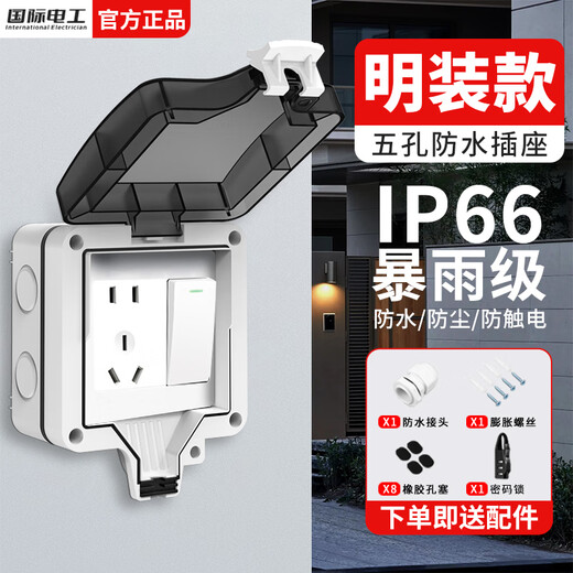 International Electrician Outdoor Waterproof Switch Socket Bathroom Power Supply Waterproof Box Exposed and Concealed Outdoor IP66 Rainproof Level Splash-proof Box Exposed Installation One Opening Five Holes With Password Lock