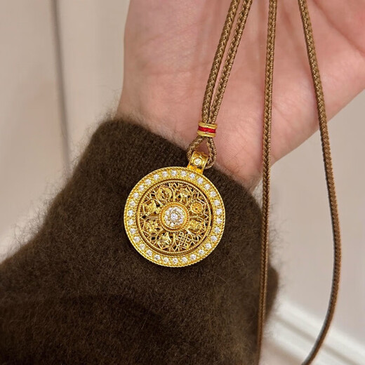 Keshan quality eight treasures compass pendant 18K gold with diamonds six-character mantra eight treasures compass gold pendant eight treasures compass with diamonds + black rope